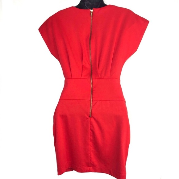 Red V Neck Cap Sleeve Dress with Gold Zipper Pockets Sheath Style - Picture 4 of 4